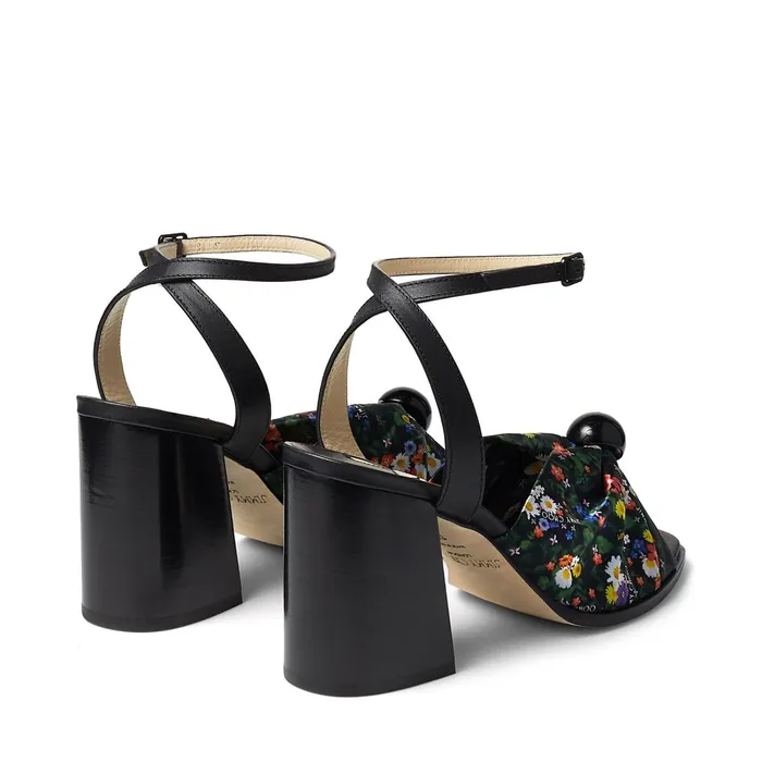 Jasie 85 Black Vachetta Leather Sandals With Multicolour DitsyPrint Silk Strap Multiblack Women JIMMY CHOO Sandals