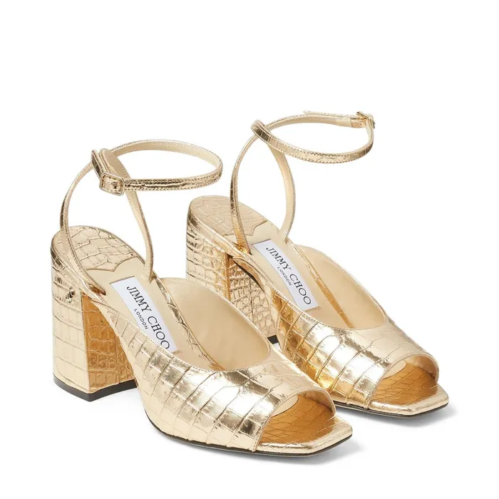 Jassidy 85 LightGold Metallic CrocEmbossed Leather BlockHeel Sandals Light Gold Women JIMMY CHOO Sandals