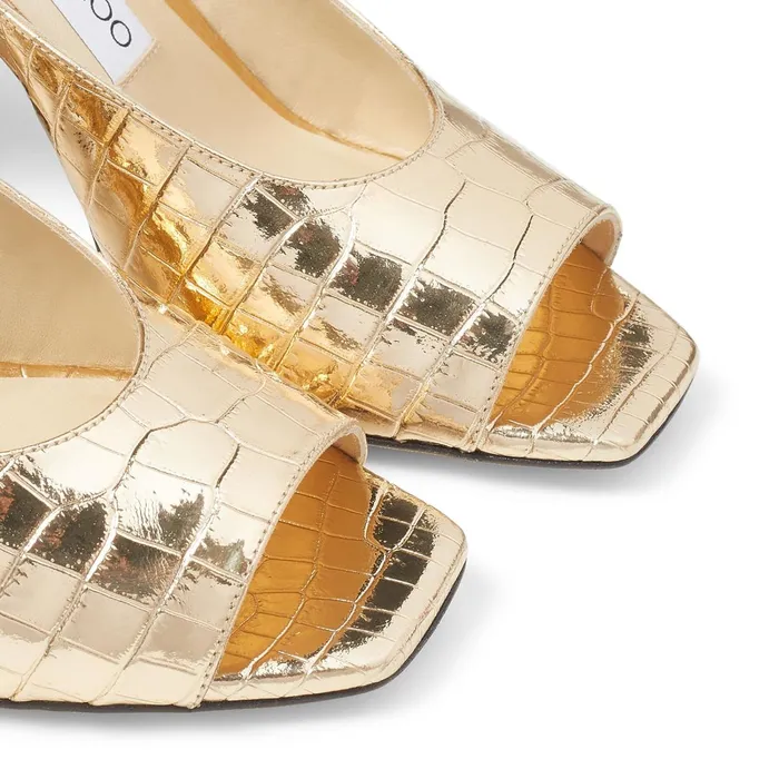 Jassidy 85 LightGold Metallic CrocEmbossed Leather BlockHeel Sandals Light Gold Women JIMMY CHOO Sandals