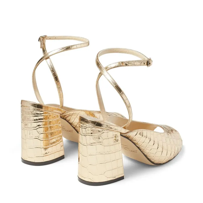 Jassidy 85 LightGold Metallic CrocEmbossed Leather BlockHeel Sandals Light Gold Women JIMMY CHOO Sandals