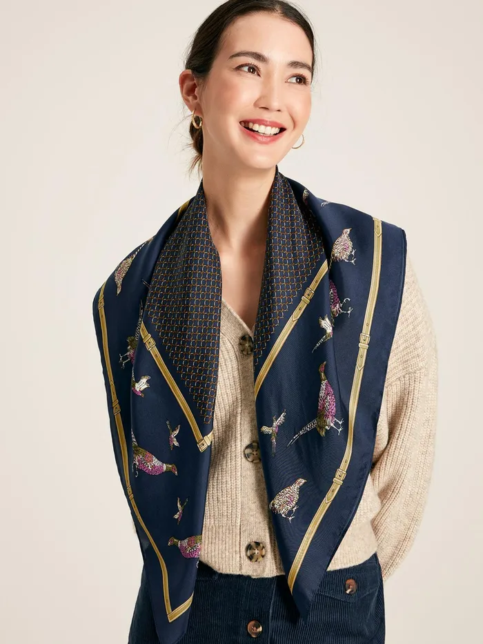 Joules Bloomfield 8211 Navy Pheasant Silk Square Scarf Women Scarves