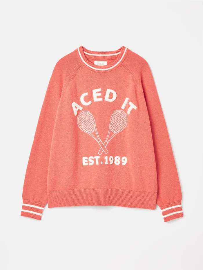 Joules Break Point 8211 Coral Knitted Tennis Slogan Jumper Women Knitwear