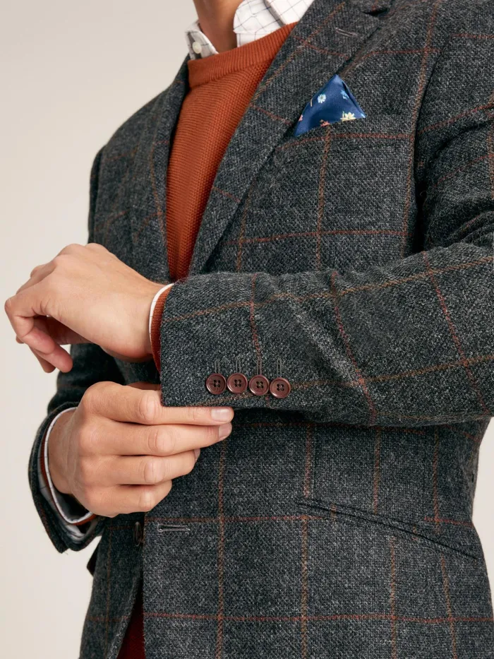 Joules Charcoal Grey Windowpane Check Wool Rich Blazer Men Coats and Jackets