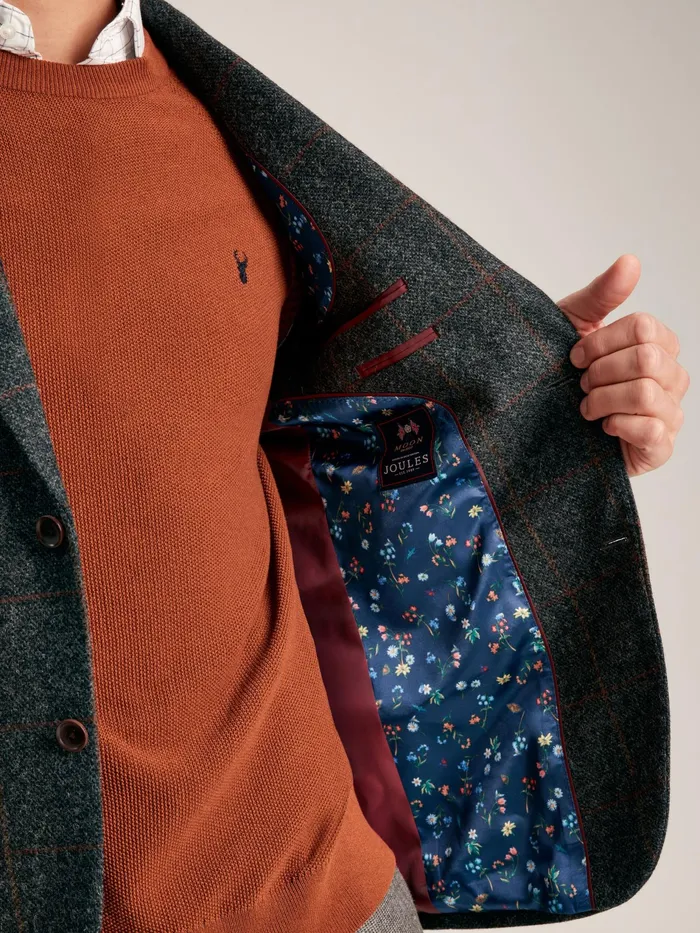 Joules Charcoal Grey Windowpane Check Wool Rich Blazer Men Coats and Jackets