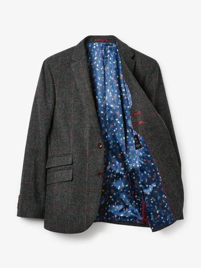 Joules Charcoal Grey Windowpane Check Wool Rich Blazer Men Coats and Jackets