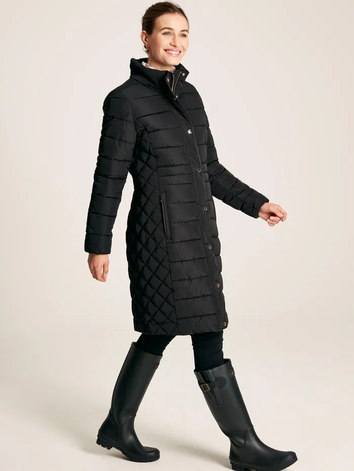 Joules Charlington 8211 Black Showerproof Longline Padded Coat Women Coats and Jackets