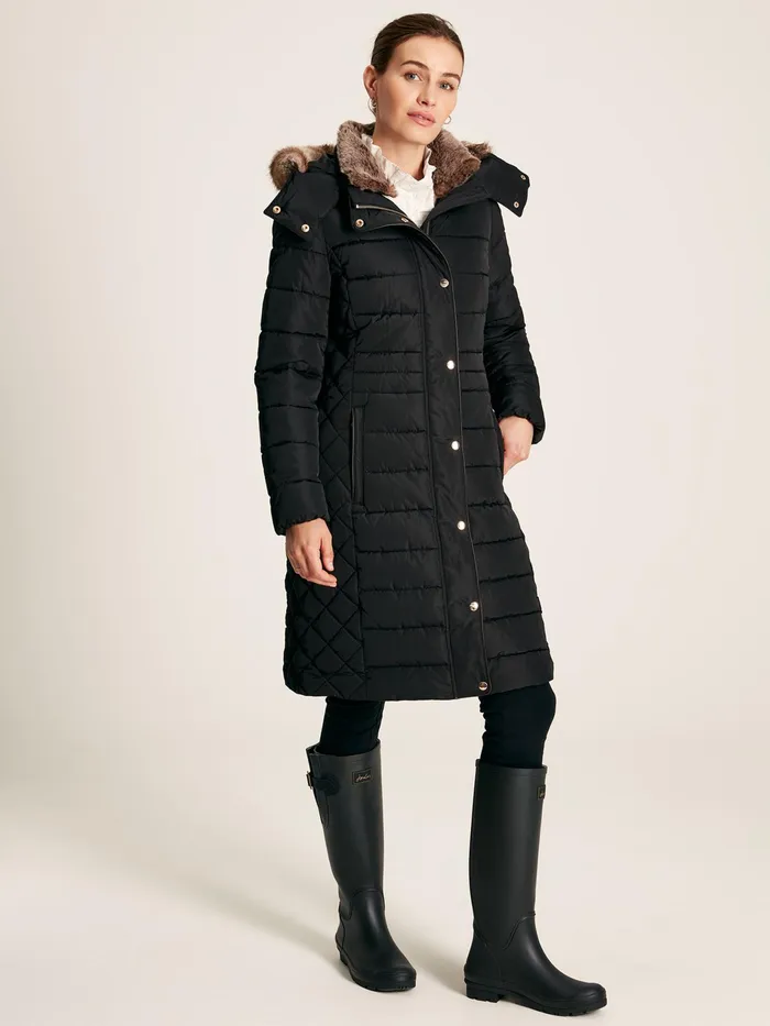 Joules Charlington 8211 Black Showerproof Longline Padded Coat Women Coats and Jackets