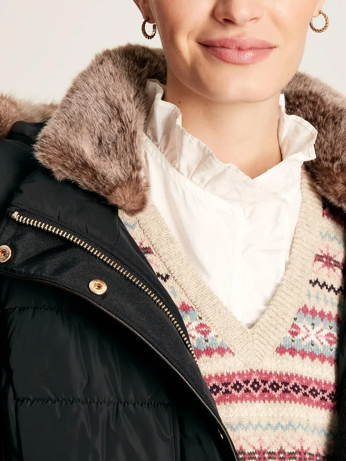Joules Charlington 8211 Black Showerproof Longline Padded Coat Women Coats and Jackets