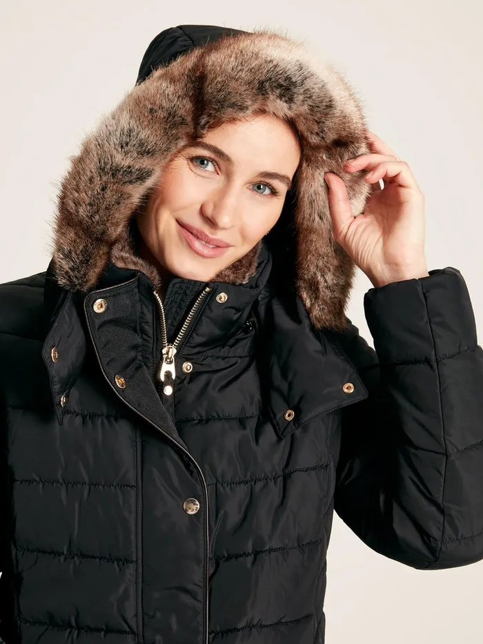 Joules Charlington 8211 Black Showerproof Longline Padded Coat Women Coats and Jackets