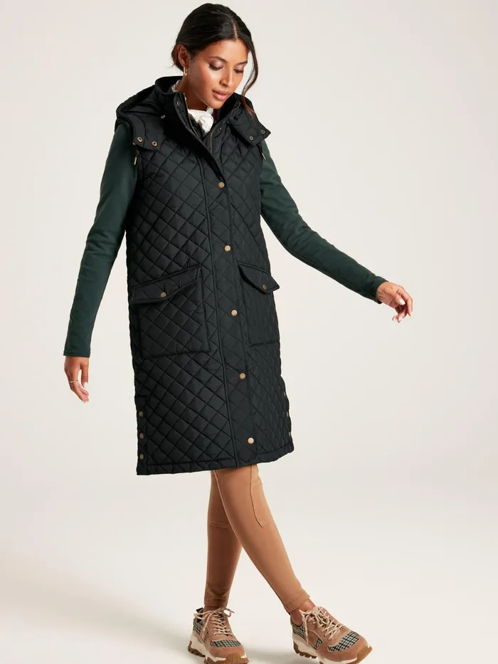 Joules Chatsworth 8211 Black Showerproof Long Diamond Quilted Gilet With Hood Women Coats and Jackets
