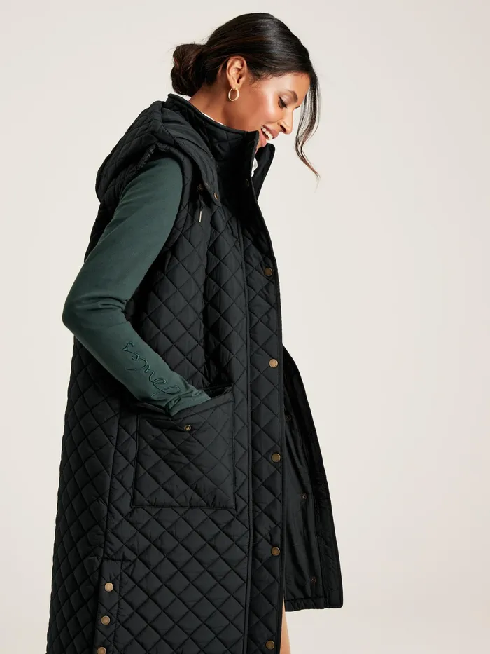 Joules Chatsworth 8211 Black Showerproof Long Diamond Quilted Gilet With Hood Women Coats and Jackets