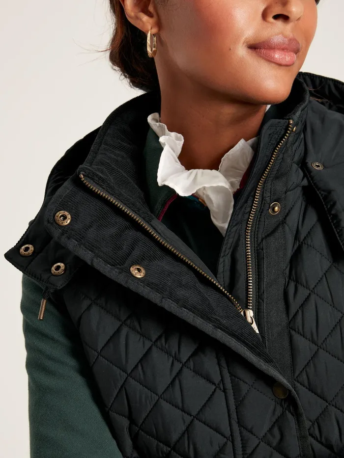 Joules Chatsworth 8211 Black Showerproof Long Diamond Quilted Gilet With Hood Women Coats and Jackets