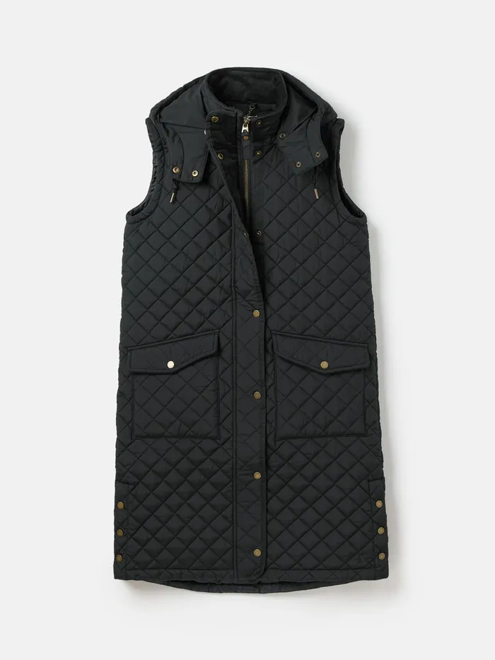 Joules Chatsworth 8211 Black Showerproof Long Diamond Quilted Gilet With Hood Women Coats and Jackets