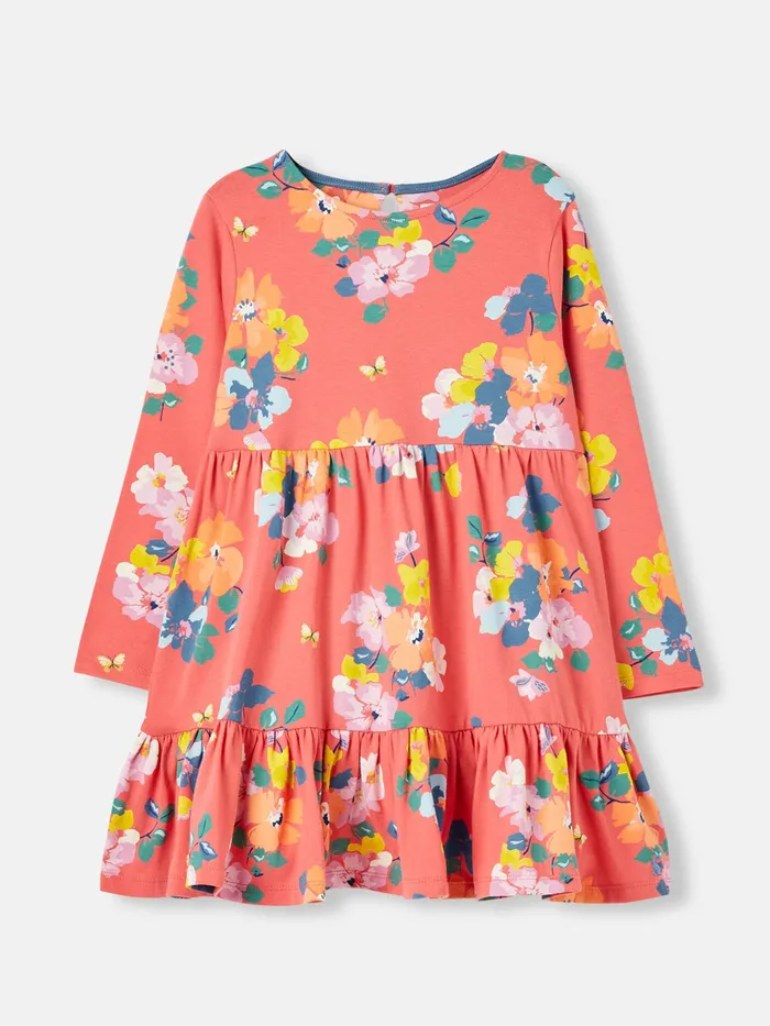 Joules Evelyn 8211 Pink Long Sleeve Jersey Tiered Dress Girls Dresses