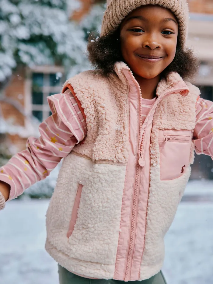 Joules Mallory 8211 PinkCream Fleece Mix Gilet Girls Coats and Jackets