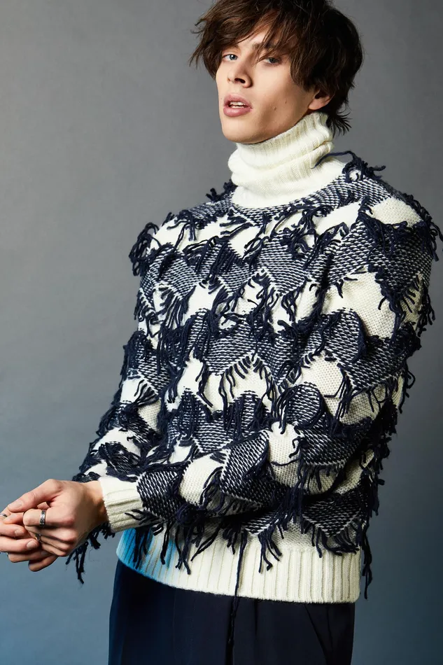 Knitwear Men Patrizia Pepe Wool Blend Turtleneck Sweater Royal Navywhite
