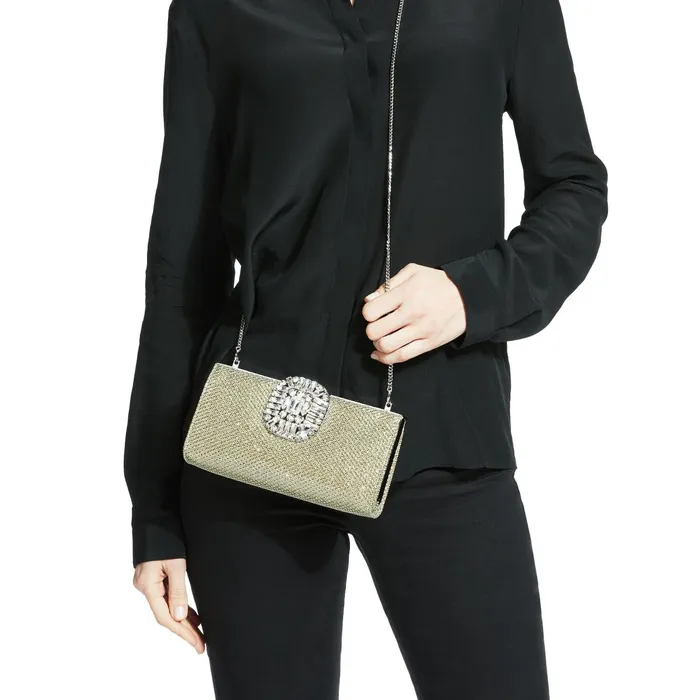 Leonis Champagne Metallic Fabric Clutch Bag With Crystal Clasp Champagne Women JIMMY CHOO Clutch Bags