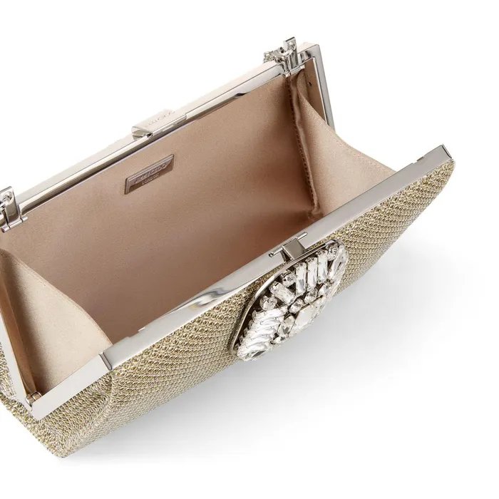 Leonis Champagne Metallic Fabric Clutch Bag With Crystal Clasp Champagne Women JIMMY CHOO Clutch Bags