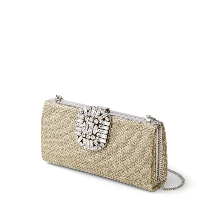 Leonis Champagne Metallic Fabric Clutch Bag With Crystal Clasp Champagne Women JIMMY CHOO Clutch Bags