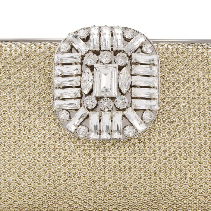 Leonis Champagne Metallic Fabric Clutch Bag With Crystal Clasp Champagne Women JIMMY CHOO Clutch Bags