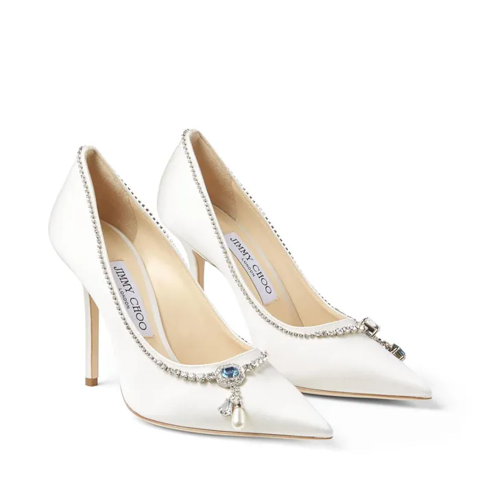 Love 100 Ivory Satin Pumps With Blue Crystal Necklace Detail Ivorysomething Blue Mix Women JIMMY CHOO Bridal Shoes