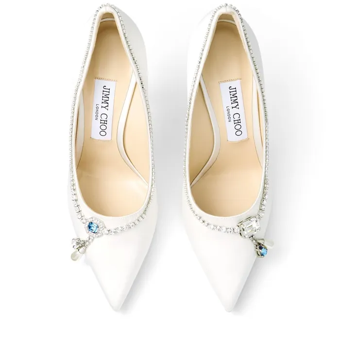 Love 100 Ivory Satin Pumps With Blue Crystal Necklace Detail Ivorysomething Blue Mix Women JIMMY CHOO Bridal Shoes