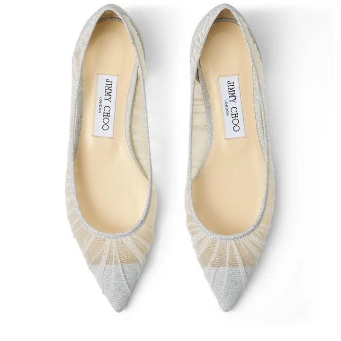 Love Flat Metallic Silver Glitter Fabric Flats With Ivory Tulle Overlay Ivorysilver Women JIMMY CHOO Bridal Shoes