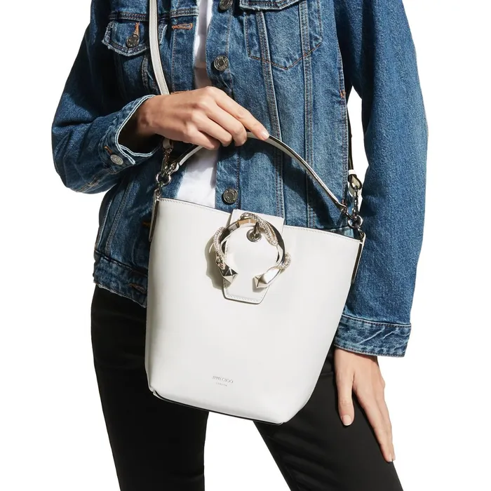 Madeline Bucket Latte Smooth Calf Leather Bucket Bag With Snake Buckle Latte Women JIMMY CHOO Bucket Bags