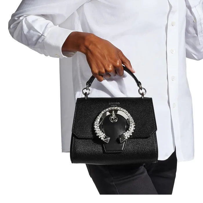 Madeline Top Handle S Black Goat Calf Leather Top Handle Bag With Crystal Buckle Black Women JIMMY CHOO Top Handle Bags