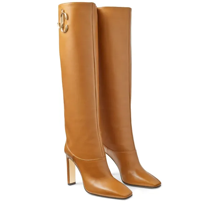 Mahesa 100 Cuoio Calf Leather Knee High Boots With Jc Emblem Cuoio Women JIMMY CHOO Boots