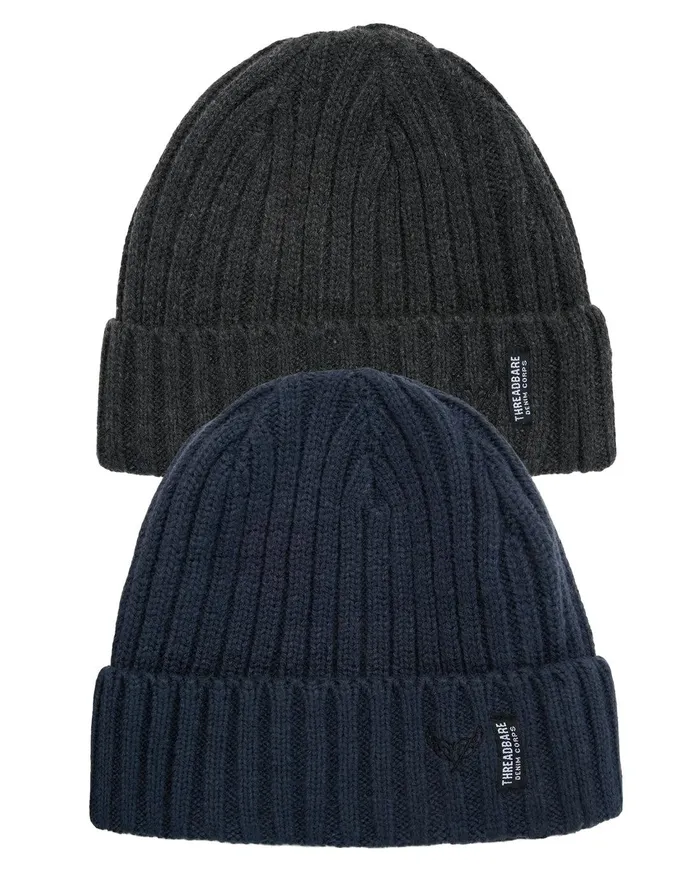 Men Black and Navy Blue Knitted Hats 2 Pack Black Navy Threadbare Accessories