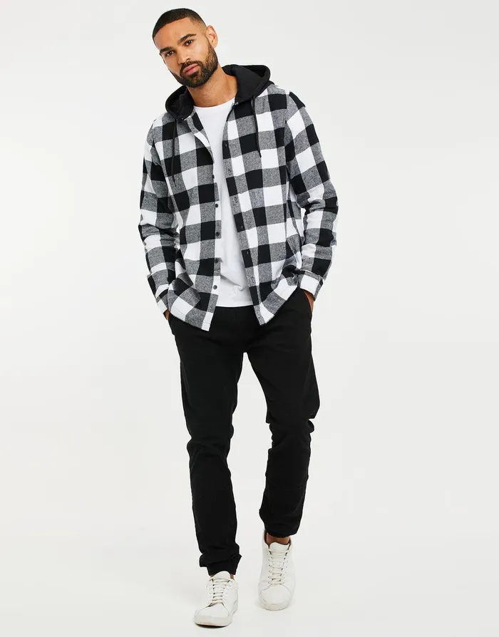 Men Black Check Hooded Long Sleeve Shirt Black Threadbare Shirts Men Black Check Hooded Long Sleeve Shirt Black Threadbare Shirts
