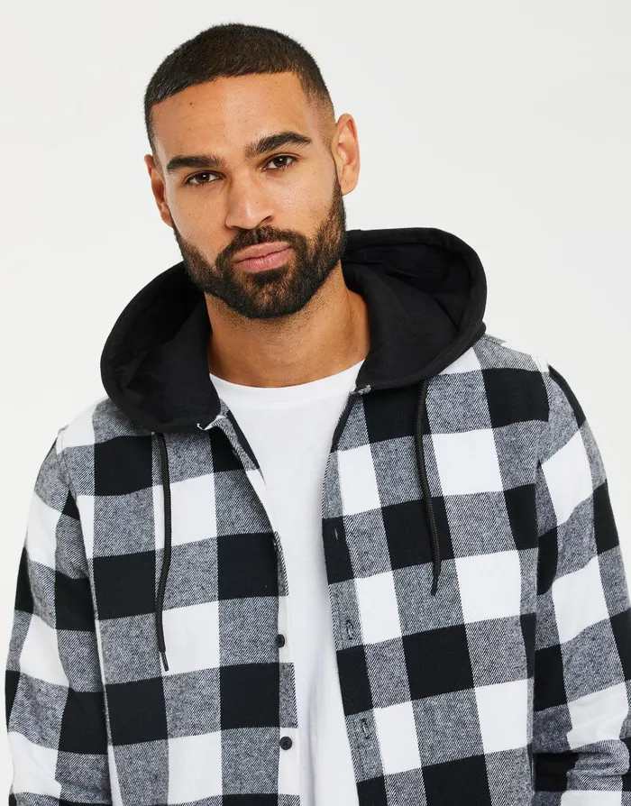 Men Black Check Hooded Long Sleeve Shirt Black Threadbare Shirts Men Black Check Hooded Long Sleeve Shirt Black Threadbare Shirts