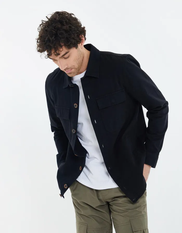 Men Black Cotton Shacket Black Threadbare Jacket and Coats Men Black Cotton Shacket Black Threadbare Jacket and Coats