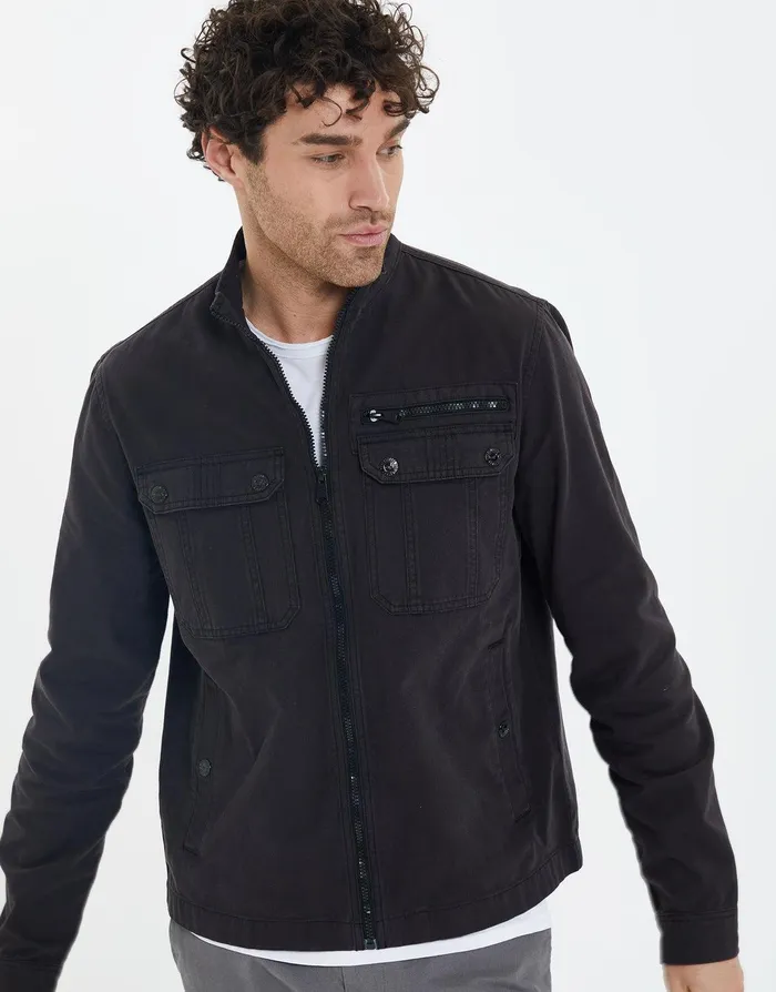 Men Black Funnel Neck Utility Shacket Black Threadbare Jacket and Coats Men Black Funnel Neck Utility Shacket Black Threadbare Jacket and Coats