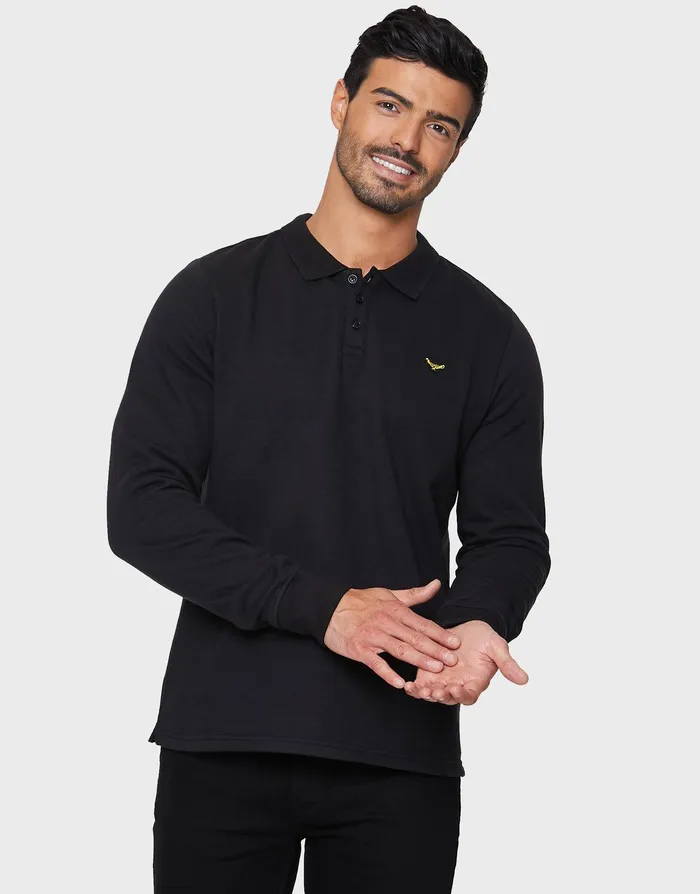 Men Black Long Sleeve Fleece Polo Shirt Black Threadbare Polo Shirts