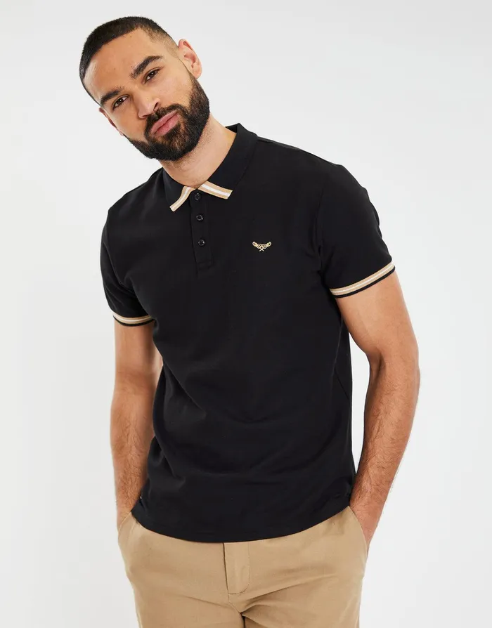 Men Black Rib Collar Classic Polo Shirt Black Threadbare Polo Shirts