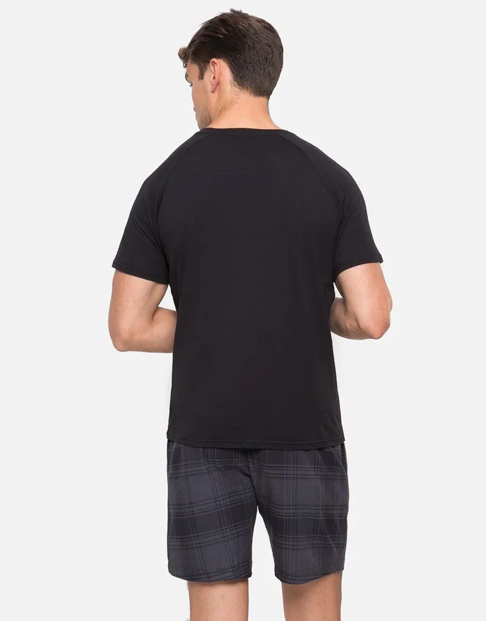 Men Black TShirt and Charcoal Check Shorts Pyjamas 2Piece Set Black Threadbare Loungewear Men Black TShirt and Charcoal Check Shorts Pyjamas 2Piece Set Black Threadbare Loungewear