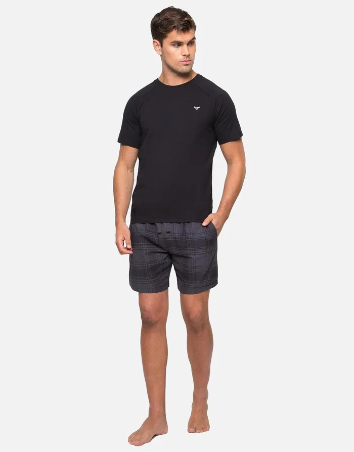 Men Black TShirt and Charcoal Check Shorts Pyjamas 2Piece Set Black Threadbare Loungewear Men Black TShirt and Charcoal Check Shorts Pyjamas 2Piece Set Black Threadbare Loungewear