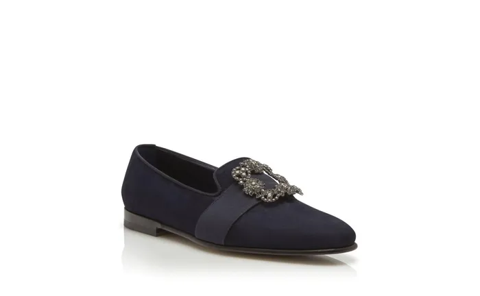 Men Carlton Manolo Blahnik CARLTON Navy Blue Suede Jewelled Buckle Loafers