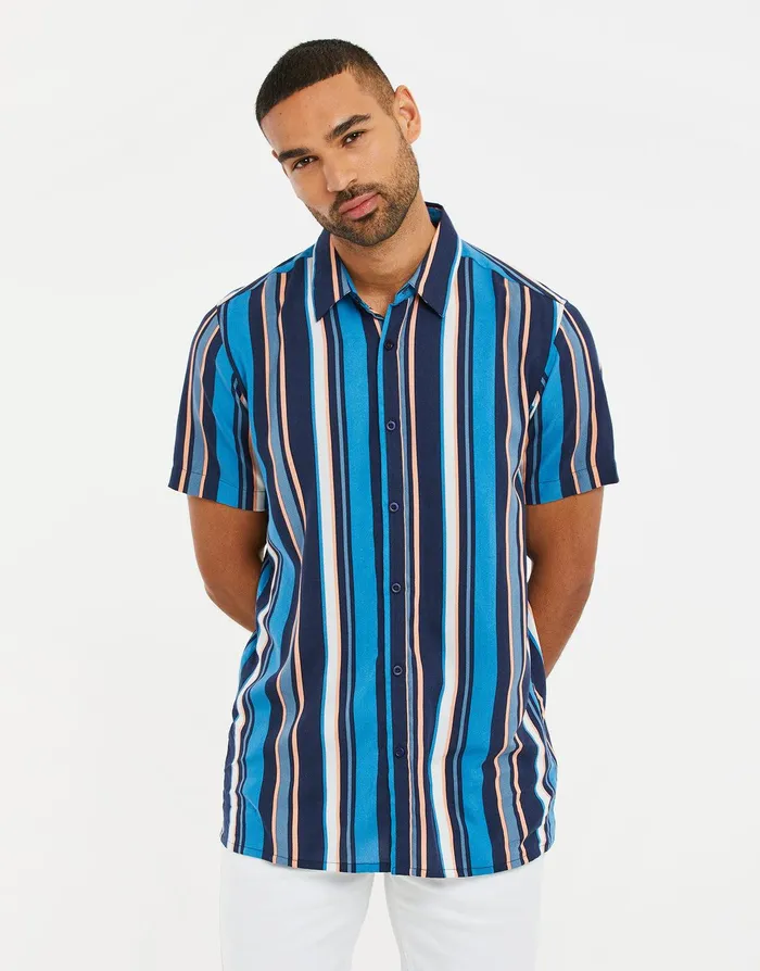 Men China Blue Striped Short Sleeve Shirt China Blue Threadbare Shirts