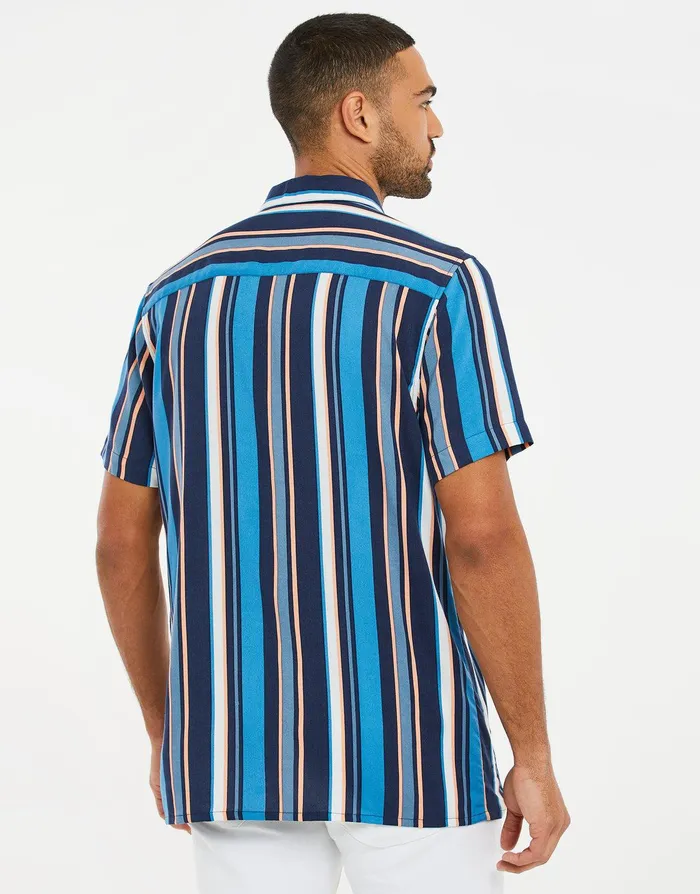 Men China Blue Striped Short Sleeve Shirt China Blue Threadbare Shirts Men China Blue Striped Short Sleeve Shirt China Blue Threadbare Shirts