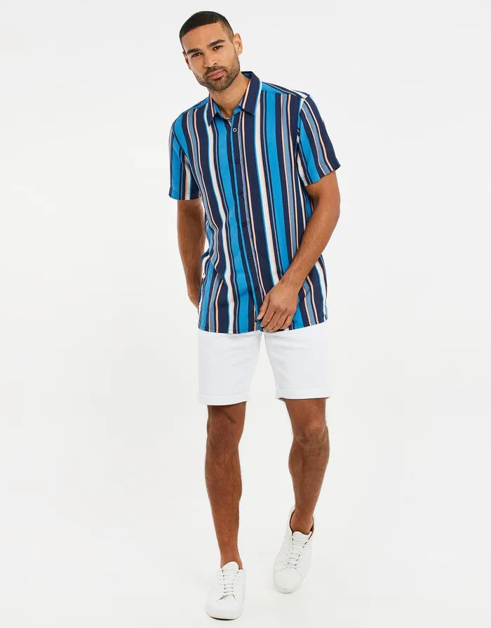Men China Blue Striped Short Sleeve Shirt China Blue Threadbare Shirts Men China Blue Striped Short Sleeve Shirt China Blue Threadbare Shirts