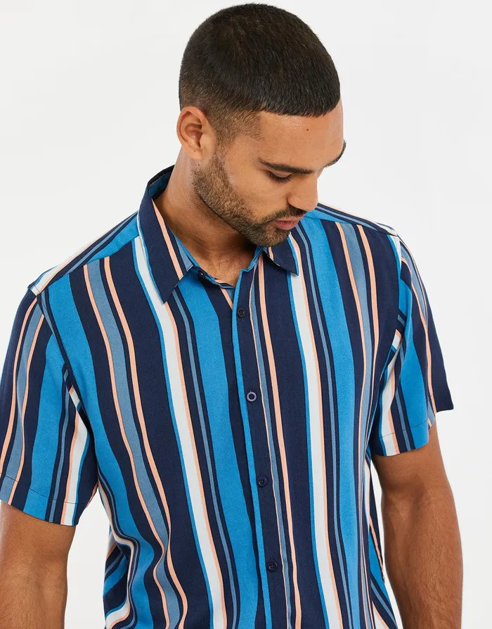 Men China Blue Striped Short Sleeve Shirt China Blue Threadbare Shirts Men China Blue Striped Short Sleeve Shirt China Blue Threadbare Shirts