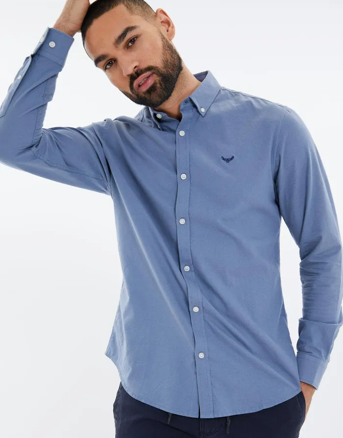 Men Denim Blue Cotton Regular Fit Long Sleeve Shirt Denim Blue Threadbare Shirts