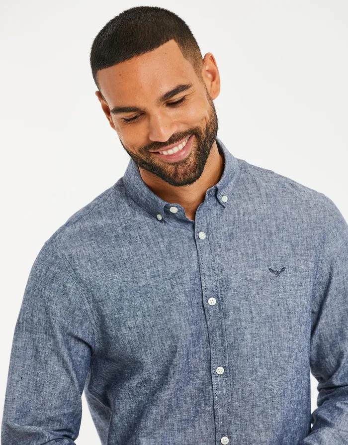 Men Denim Blue Long Sleeve Linen Blend Shirt Denim Blue Threadbare Linen Men Denim Blue Long Sleeve Linen Blend Shirt Denim Blue Threadbare Linen