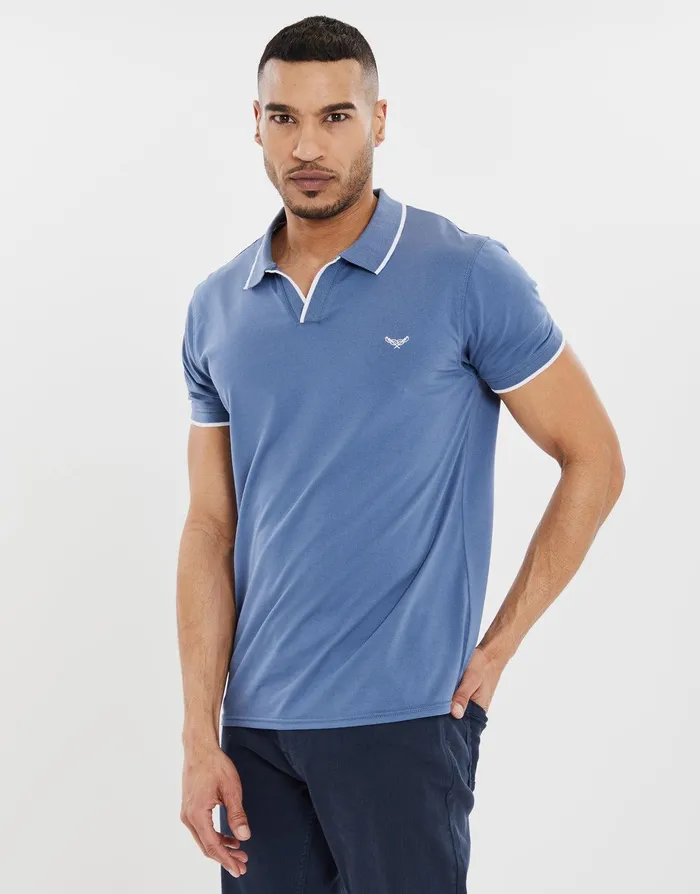 Men Denim Blue Open Neck Collar Polo Shirt Denim Blue Threadbare Polo Shirts