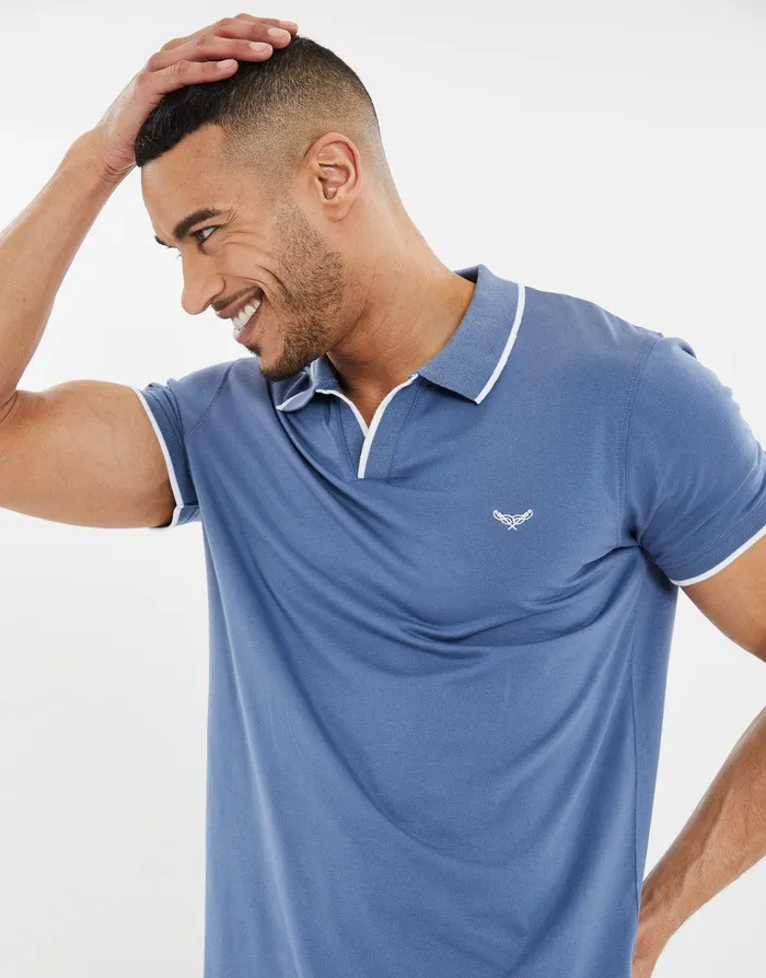 Men Denim Blue Open Neck Collar Polo Shirt Denim Blue Threadbare Polo Shirts Men Denim Blue Open Neck Collar Polo Shirt Denim Blue Threadbare Polo Shirts