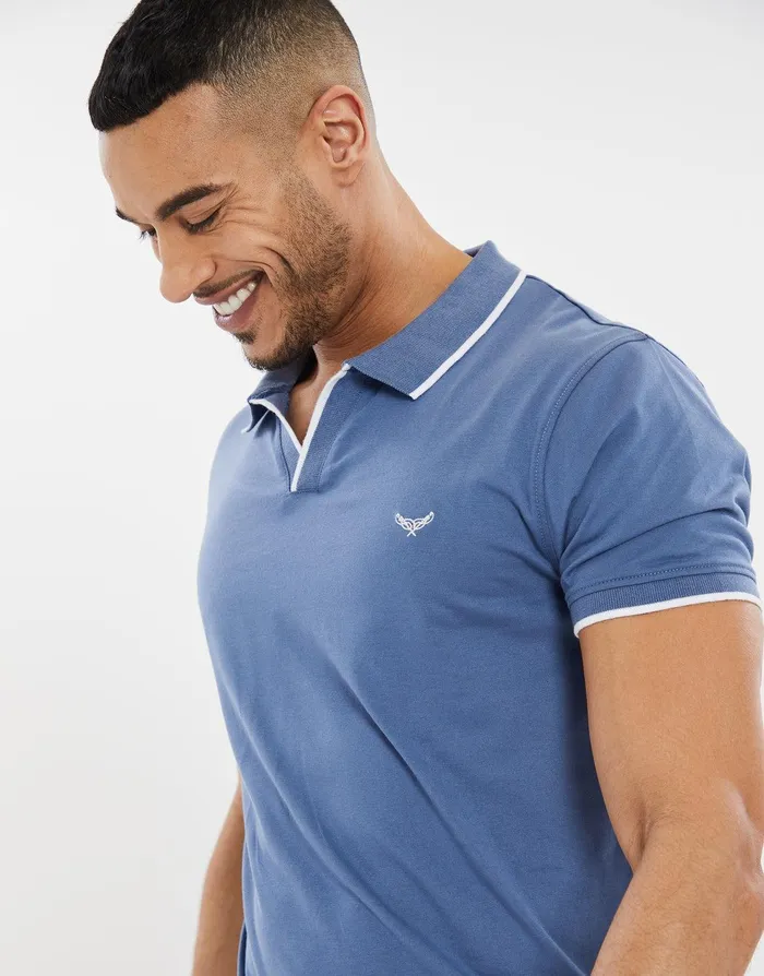 Men Denim Blue Open Neck Collar Polo Shirt Denim Blue Threadbare Polo Shirts Men Denim Blue Open Neck Collar Polo Shirt Denim Blue Threadbare Polo Shirts