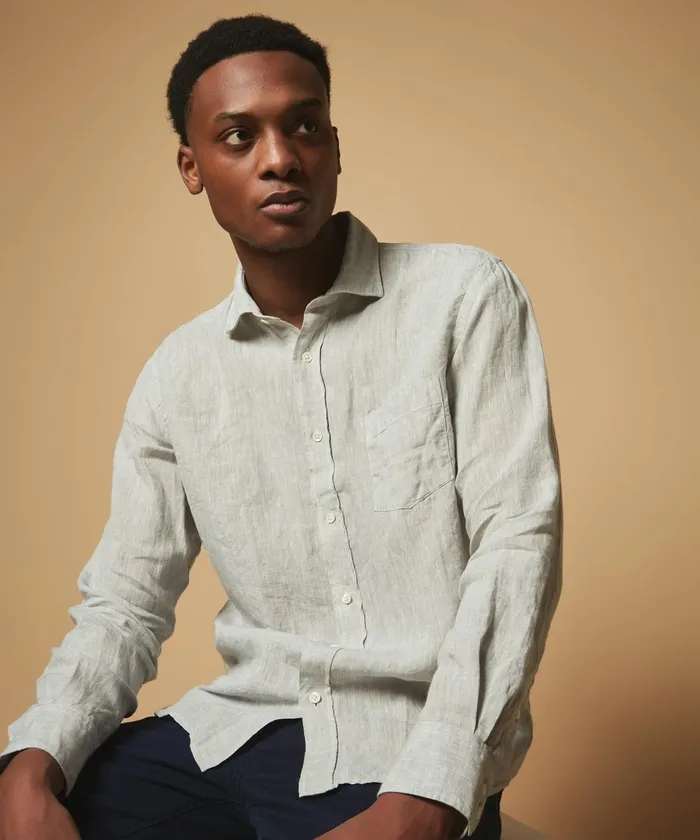 Men Hartford Shirts Regular Paul Shirt In Light Grey Linen Chambray